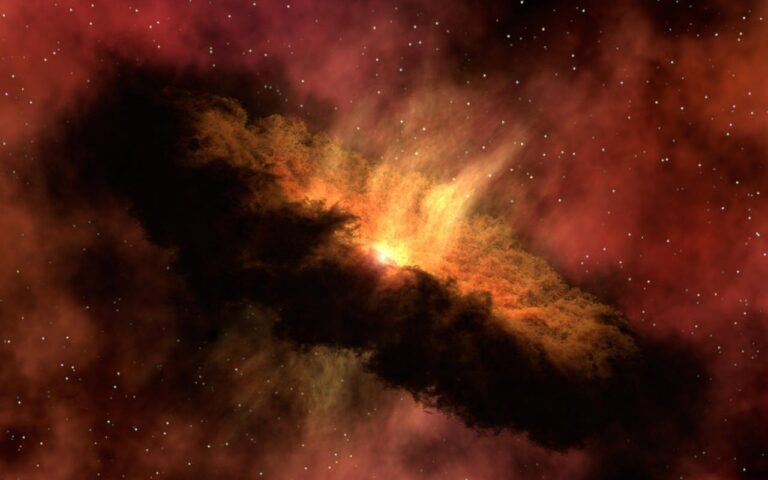 Dramatic image of a cosmic dust cloud with vivid colors and starry sky.